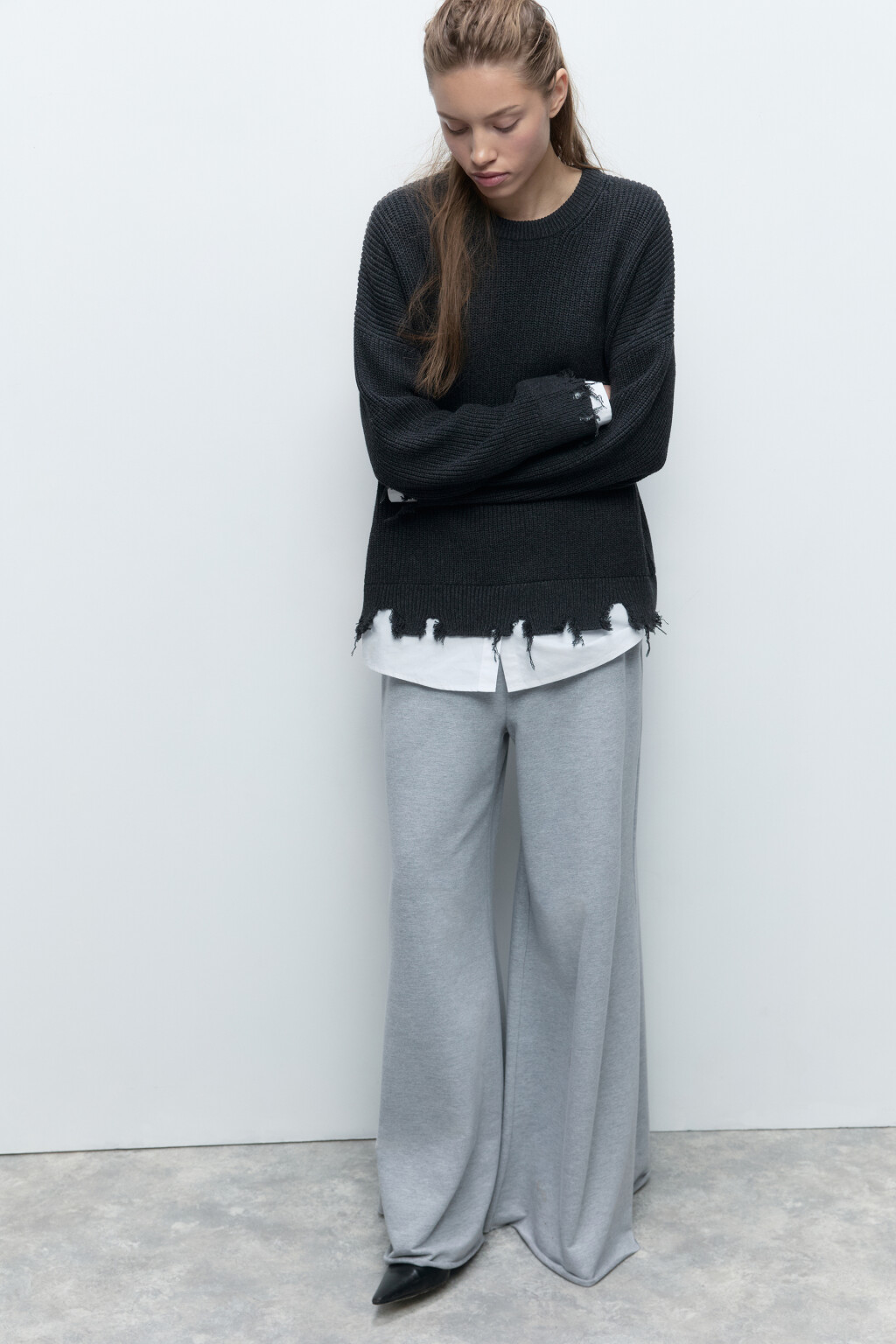 Джемпер вязаный рваный с имитацией рубашки - цвет серый - 1