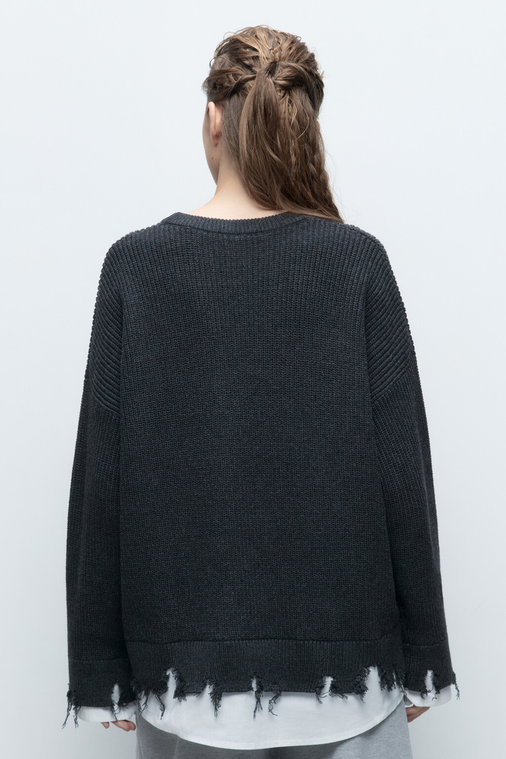 Джемпер вязаный рваный с имитацией рубашки - цвет серый - 4