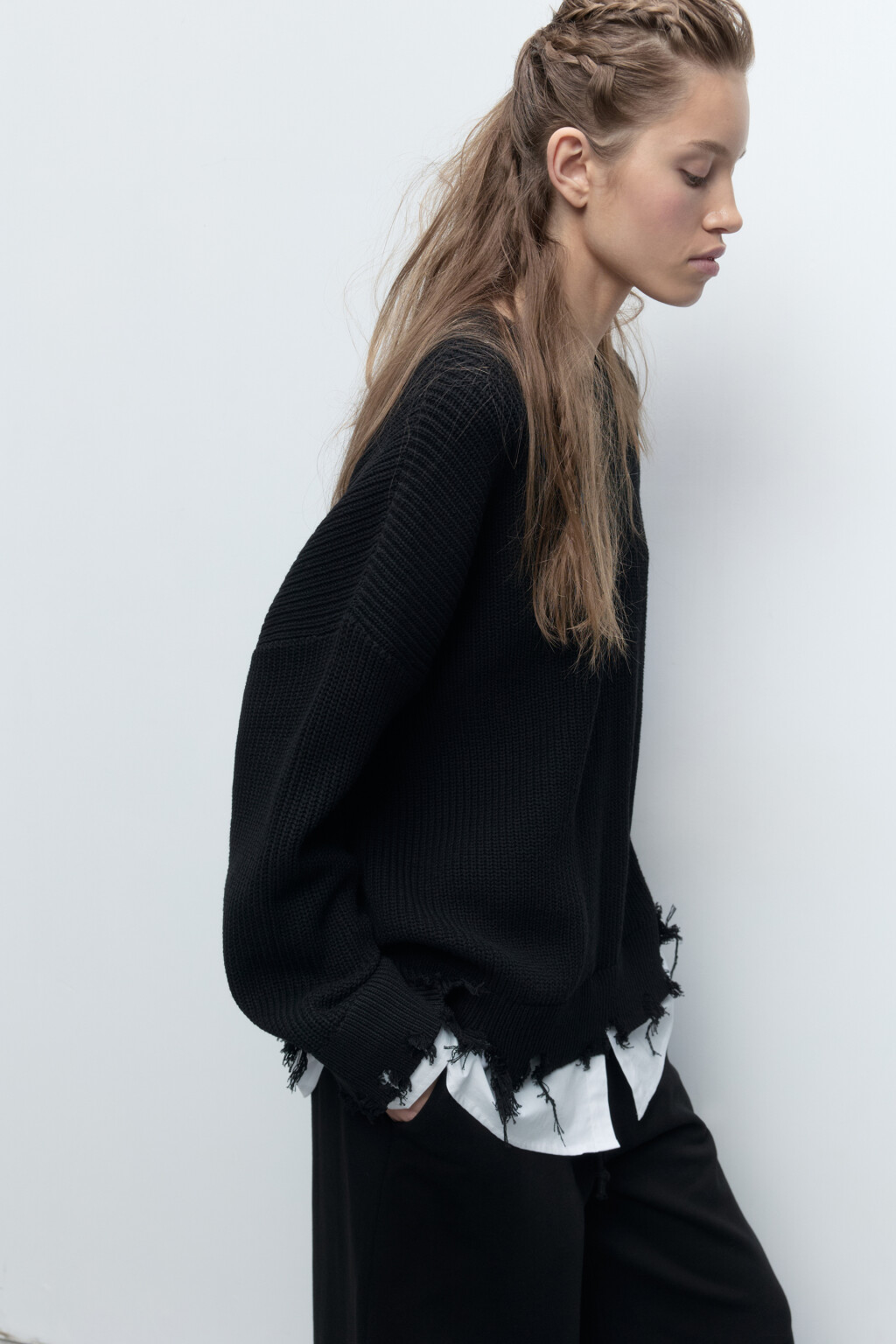 Джемпер вязаный рваный с имитацией рубашки - цвет черный - 1