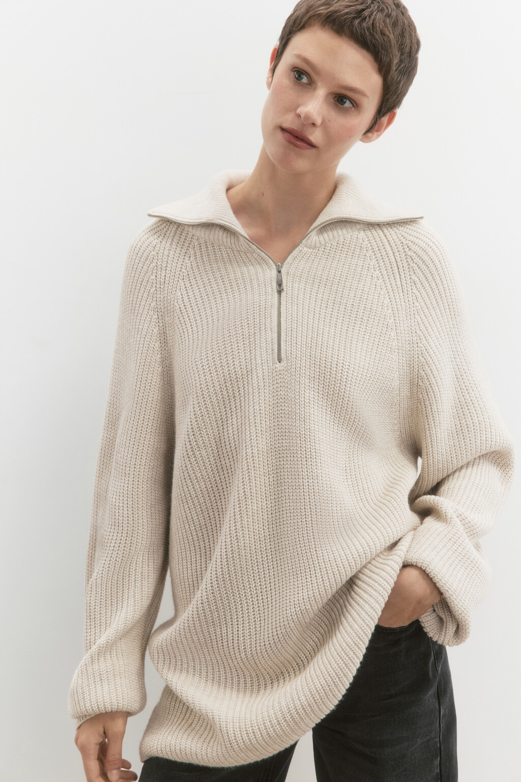 Свитер вязаный с воротником-стойкой на молнии - цвет бежевый - 1