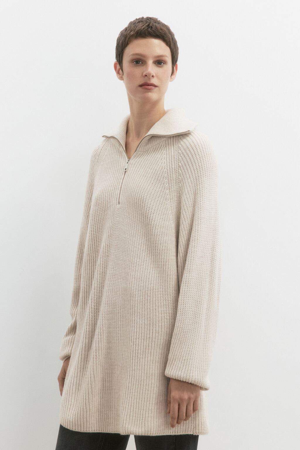 Свитер вязаный с воротником-стойкой на молнии - цвет бежевый - 3