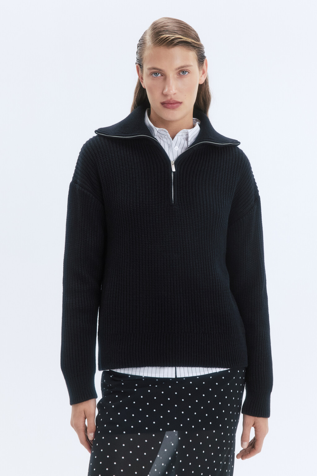 Свитер half-zip вязаный в рубчик - цвет черный - 2