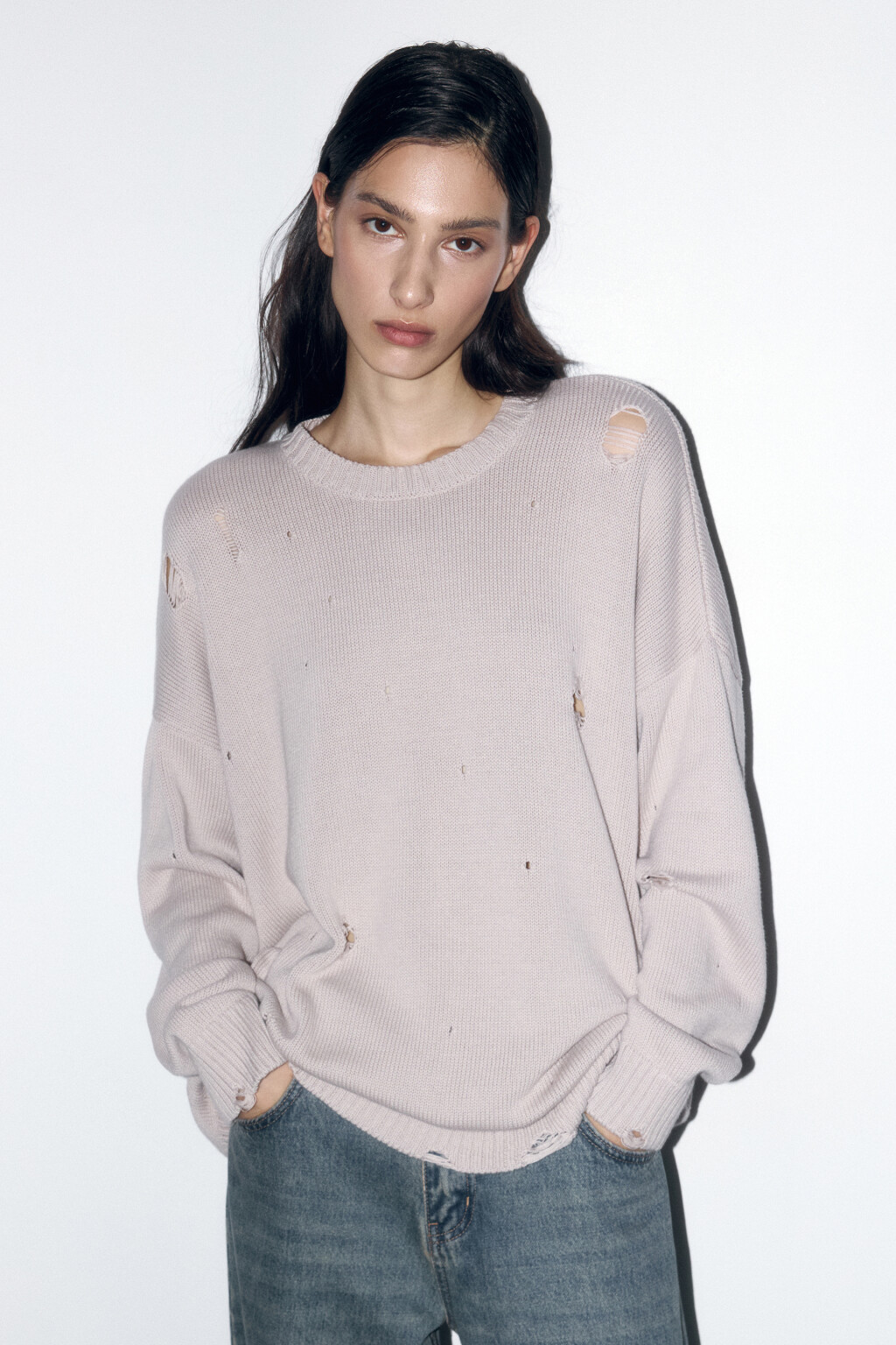 Джемпер толстой вязки рваный - цвет бежевый - 1