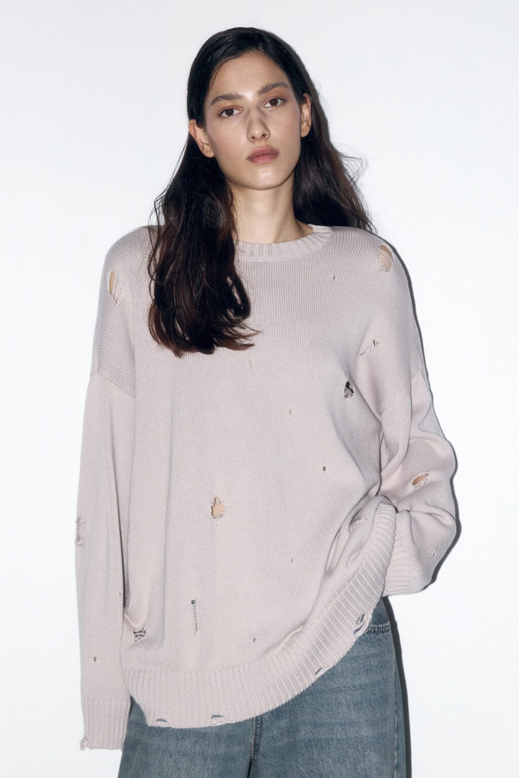 Джемпер толстой вязки рваный - цвет бежевый - 2