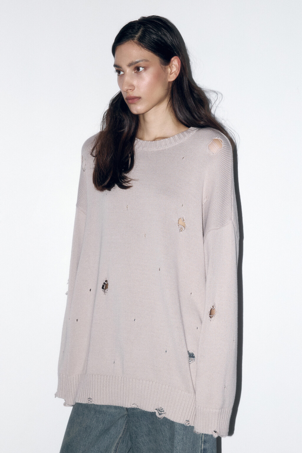 Джемпер толстой вязки рваный - цвет бежевый - 3