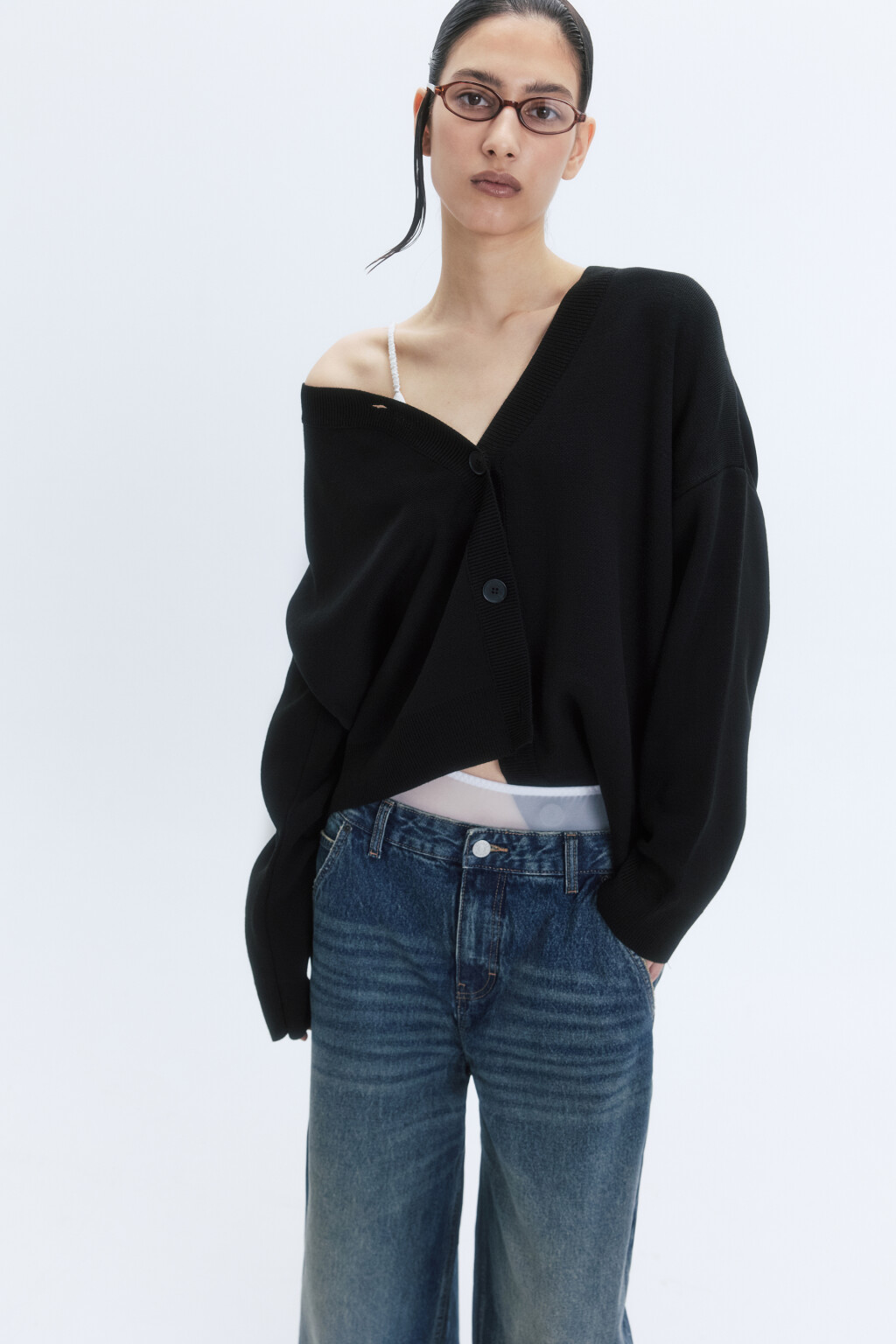 Кардиган вязаный жаккардовый на пуговицах - цвет черный - 1