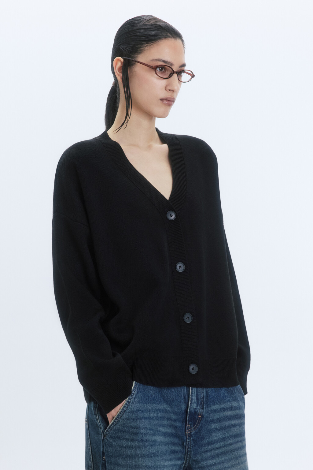 Кардиган вязаный жаккардовый на пуговицах - цвет черный - 4