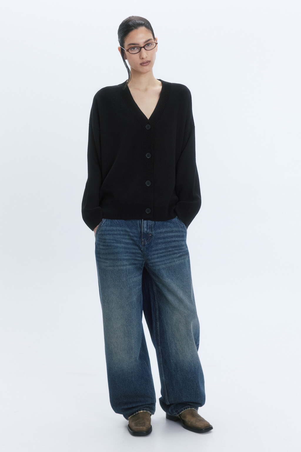 Кардиган вязаный жаккардовый на пуговицах - цвет черный - 6