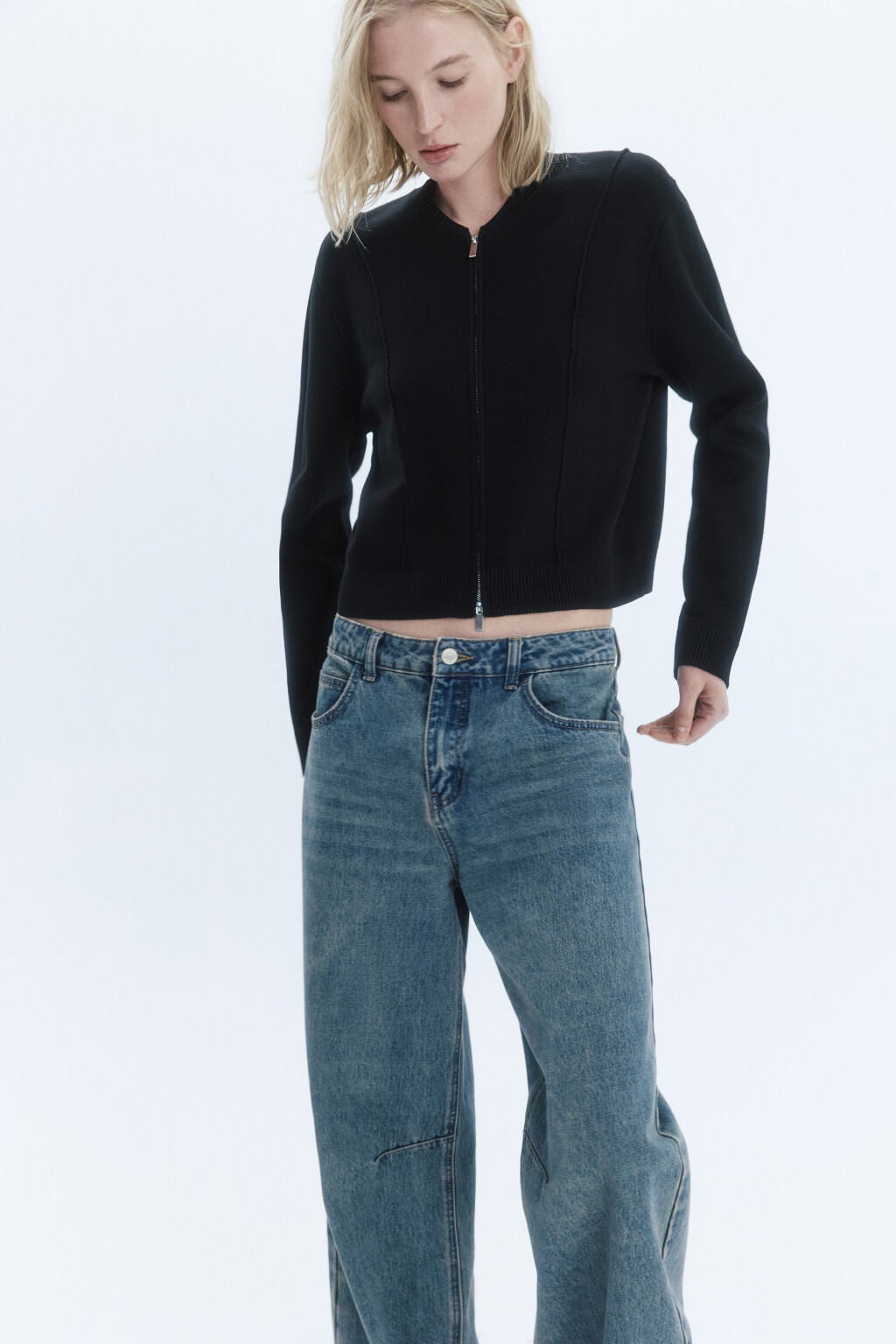 Кардиган на молнии с воротником бомбера - цвет черный - 3