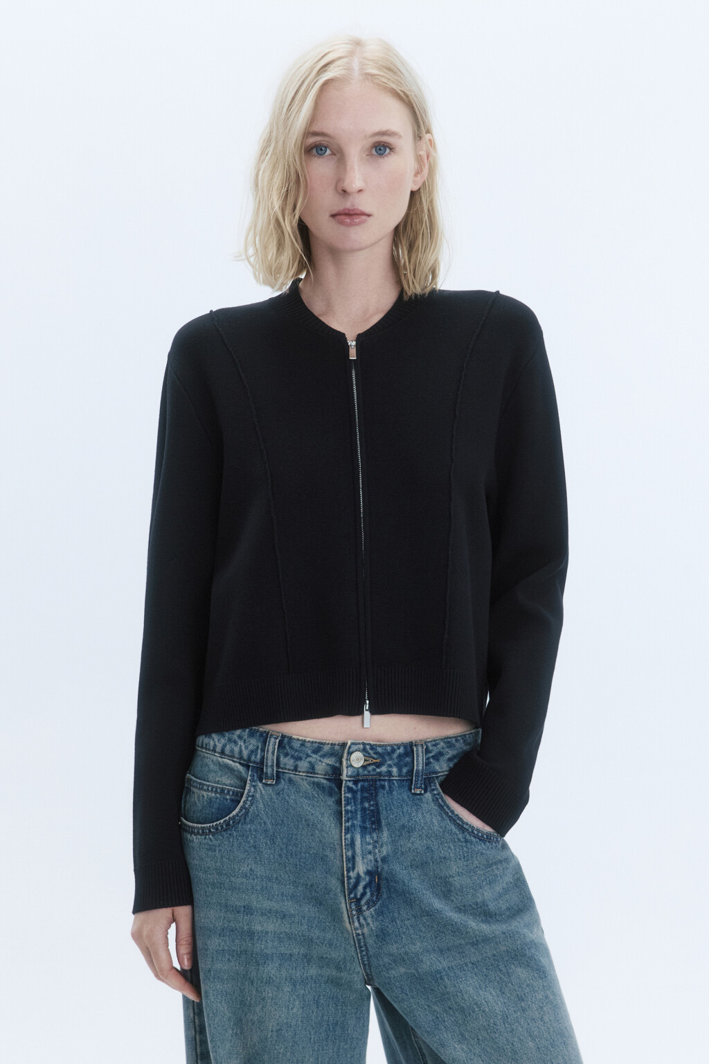 Кардиган на молнии с воротником бомбера - цвет черный - 4