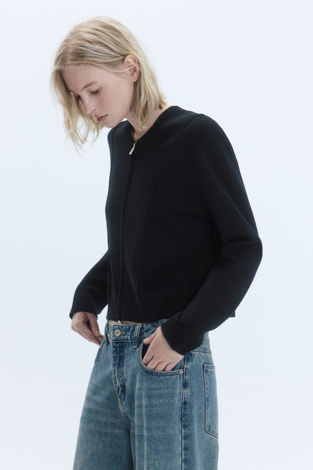 Кардиган на молнии с воротником бомбера - цвет черный - 1