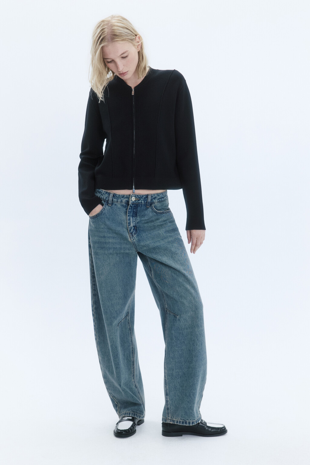 Кардиган на молнии с воротником бомбера - цвет черный - 6