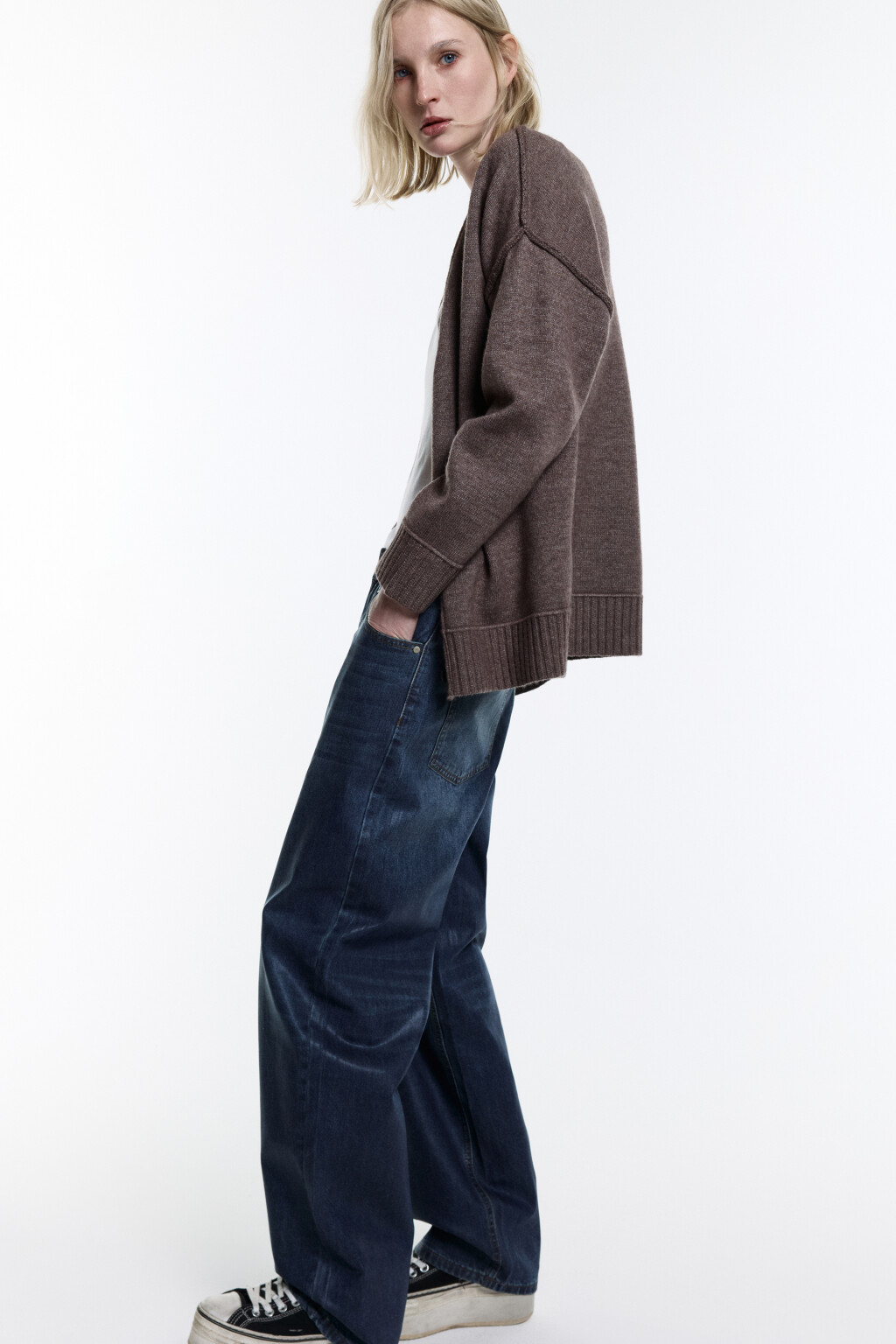 Кардиган вязаный на пуговицах с наружными швами - цвет бежевый - 1