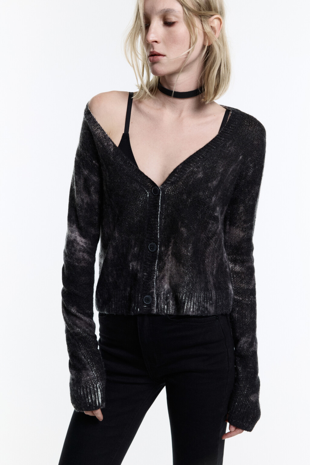 Кардиган на пуговицах вязаный с принтом тай-дай - цвет черный - 2