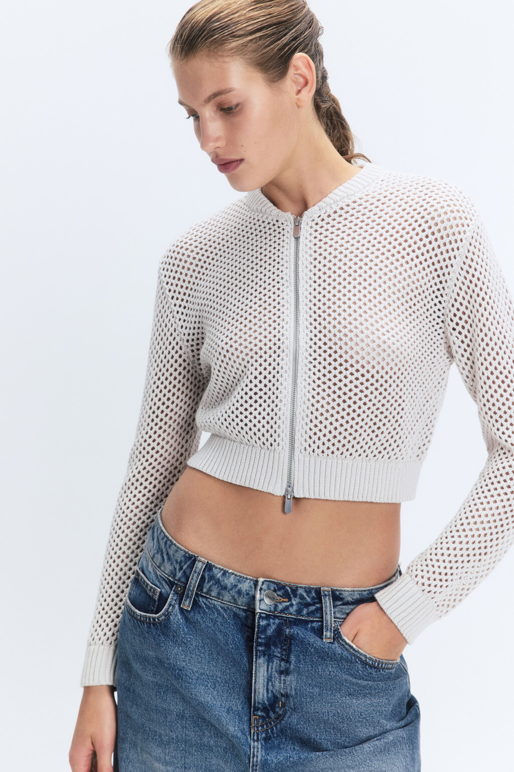 Кардиган вязаный ажурный на молнии - цвет бежевый - 1