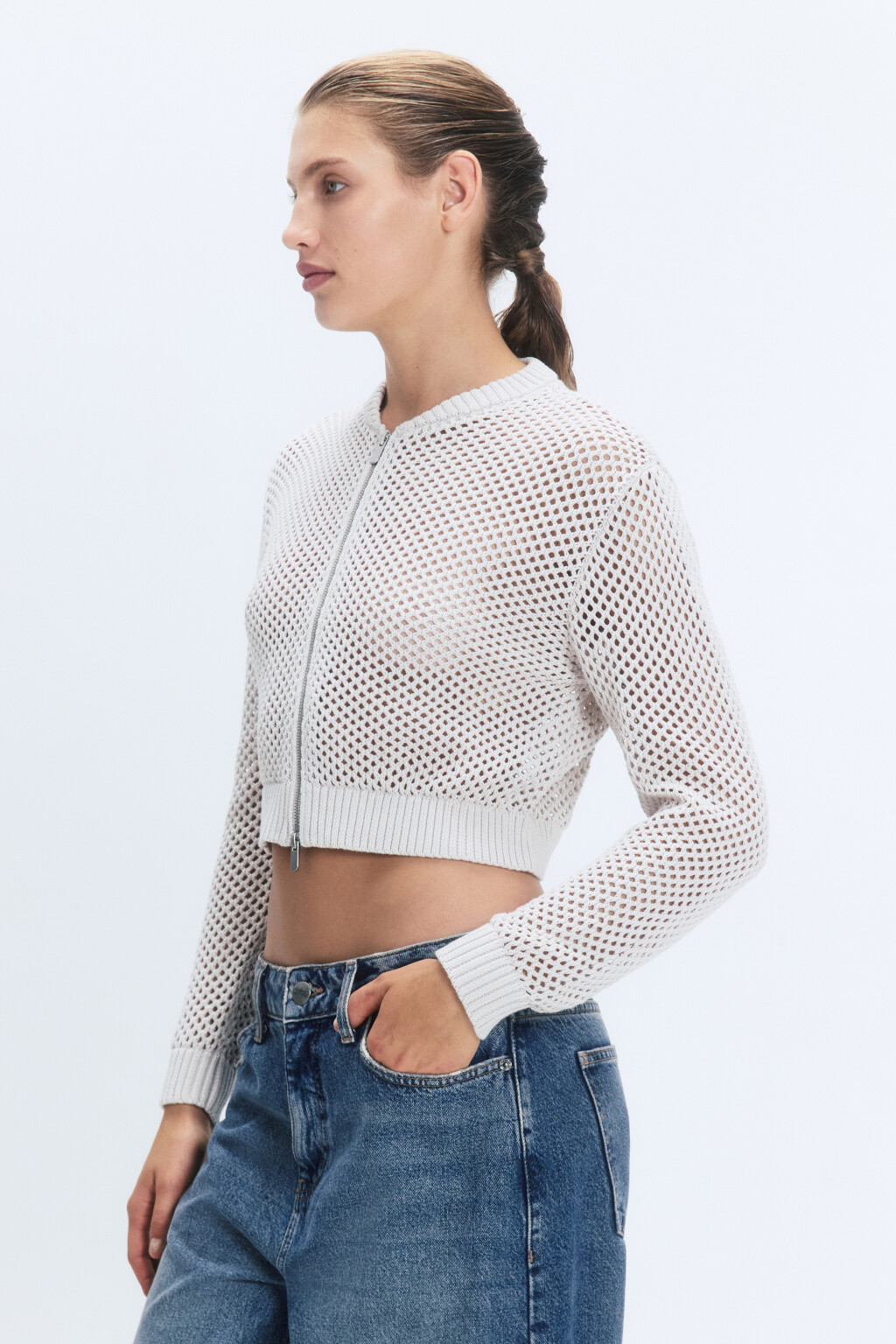 Кардиган вязаный ажурный на молнии - цвет бежевый - 3