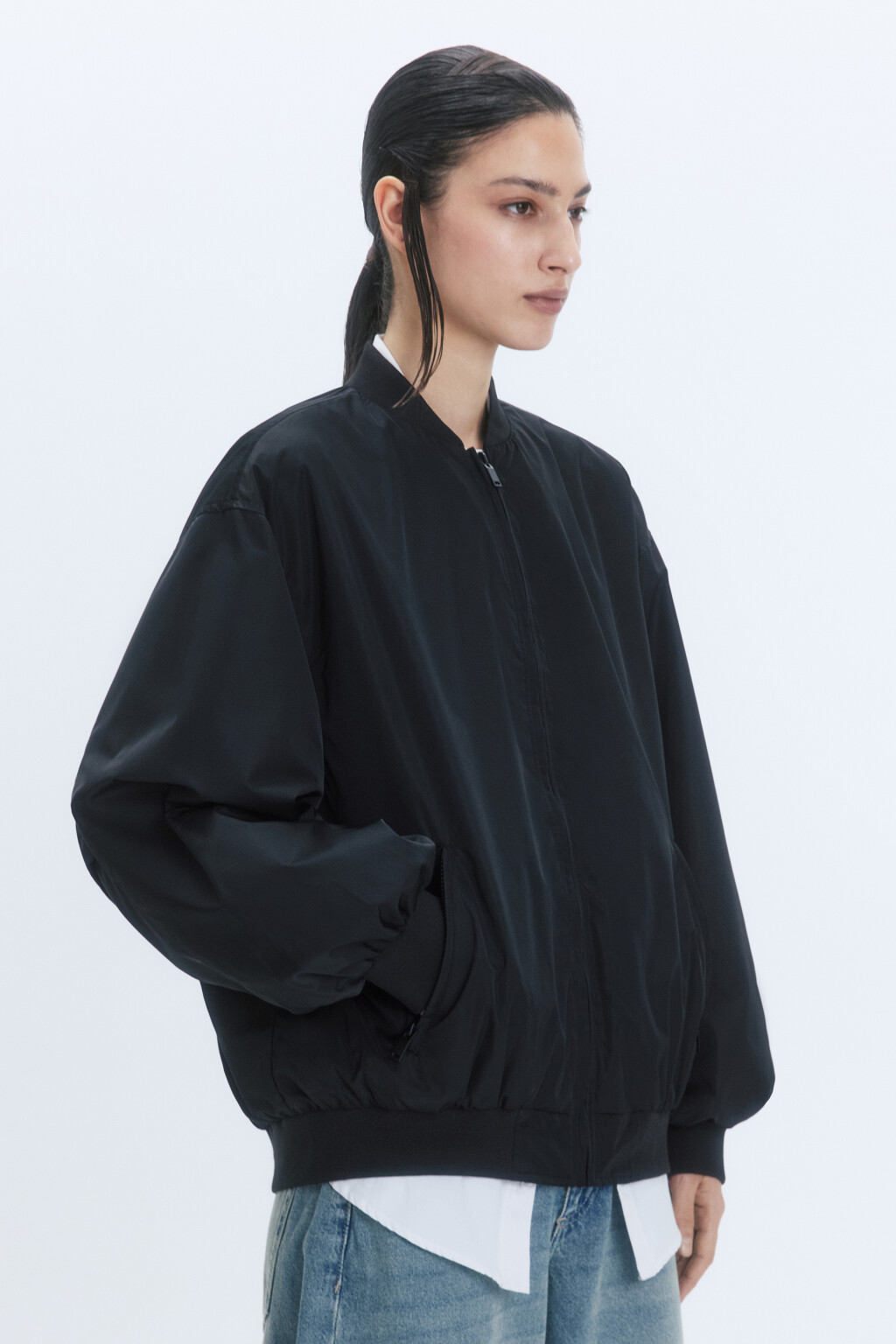 Куртка-бомбер oversize с подкладкой в полоску - цвет черный - 5
