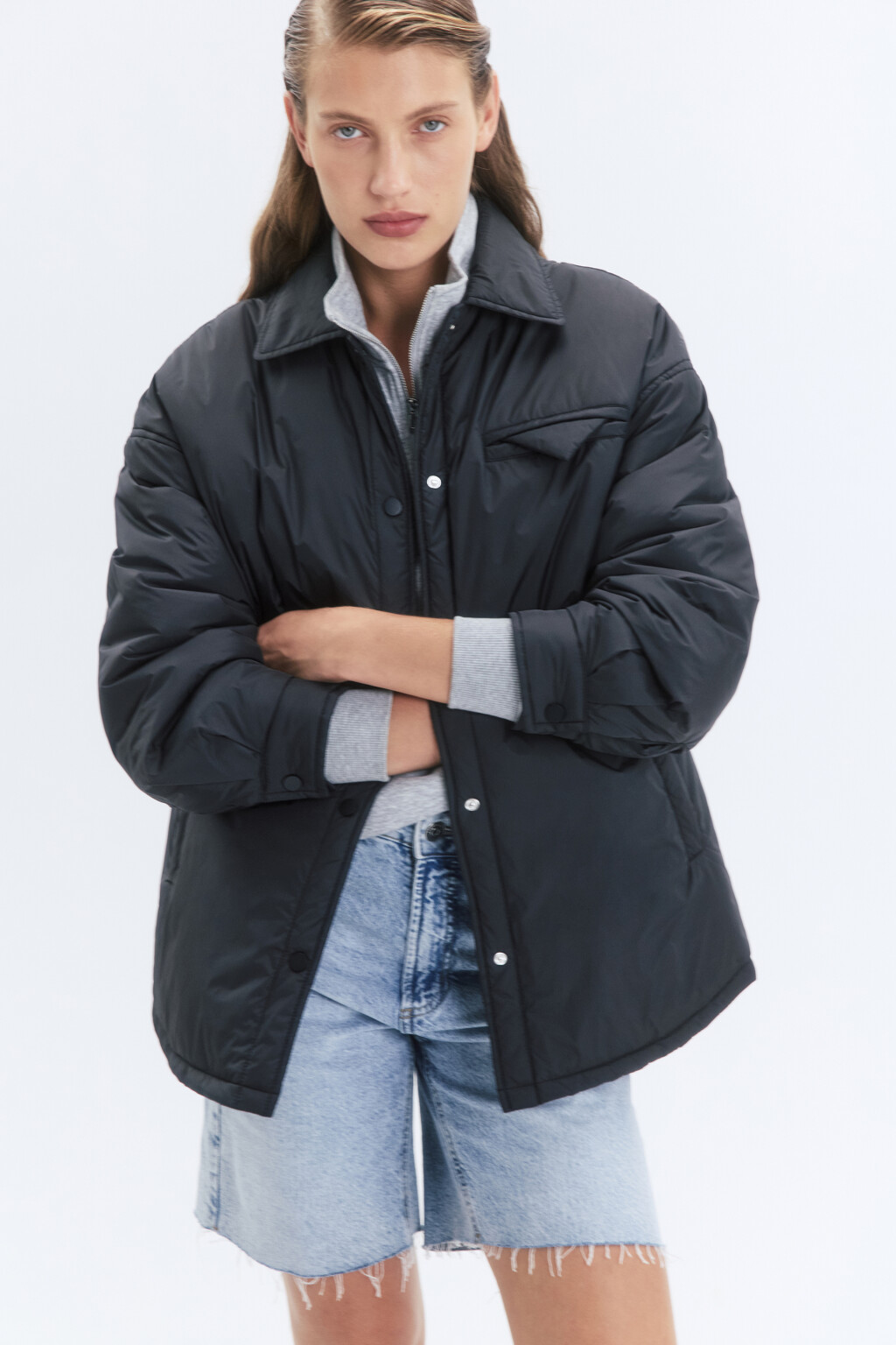 Куртка-рубашка oversize утепленная ультралегкая - цвет черный - 3