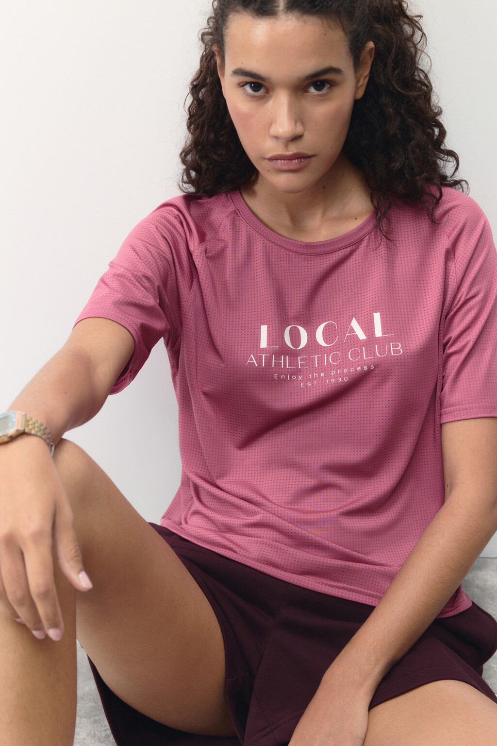 Футболка спортивная сетчатая с принтом - цвет розовый - 1