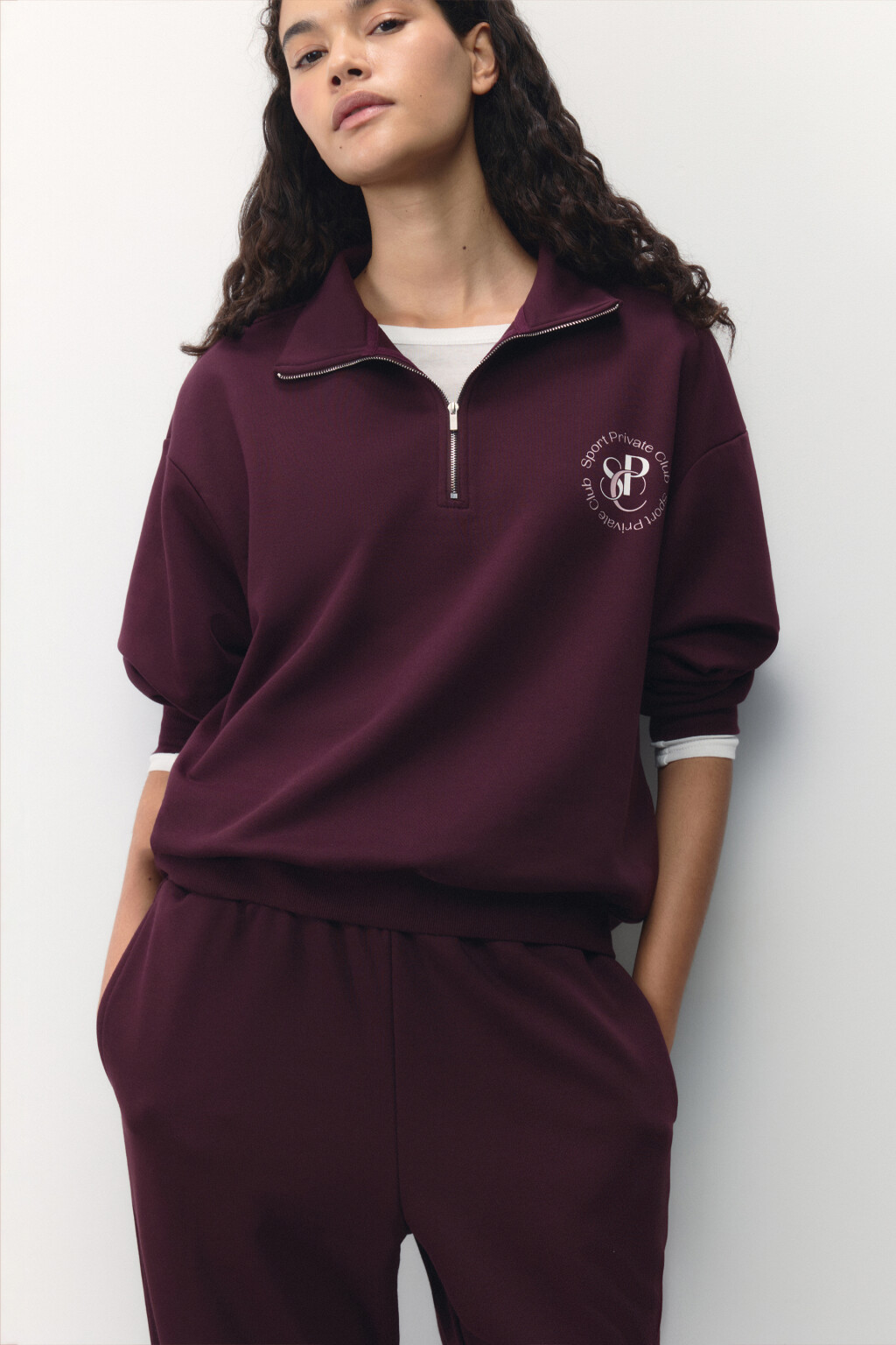 Худи half-zip спортивная с принтом - цвет бордовый - 1