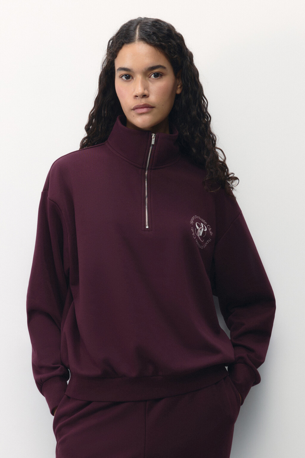 Худи half-zip спортивная с принтом - цвет бордовый - 3