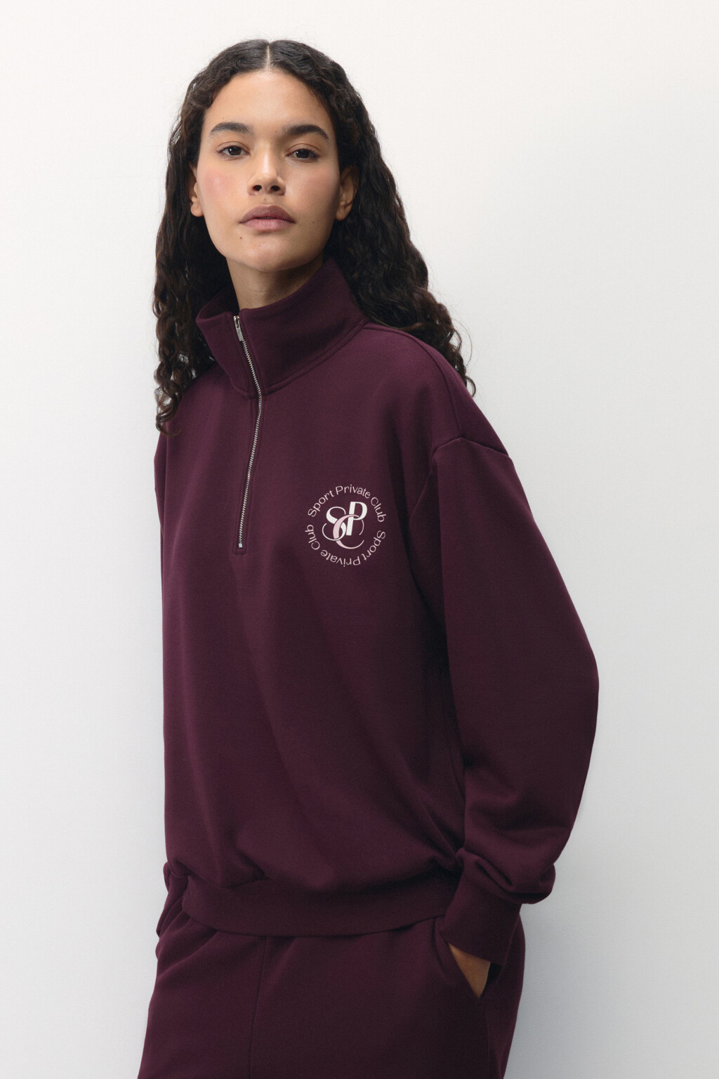 Худи half-zip спортивная с принтом - цвет бордовый - 4