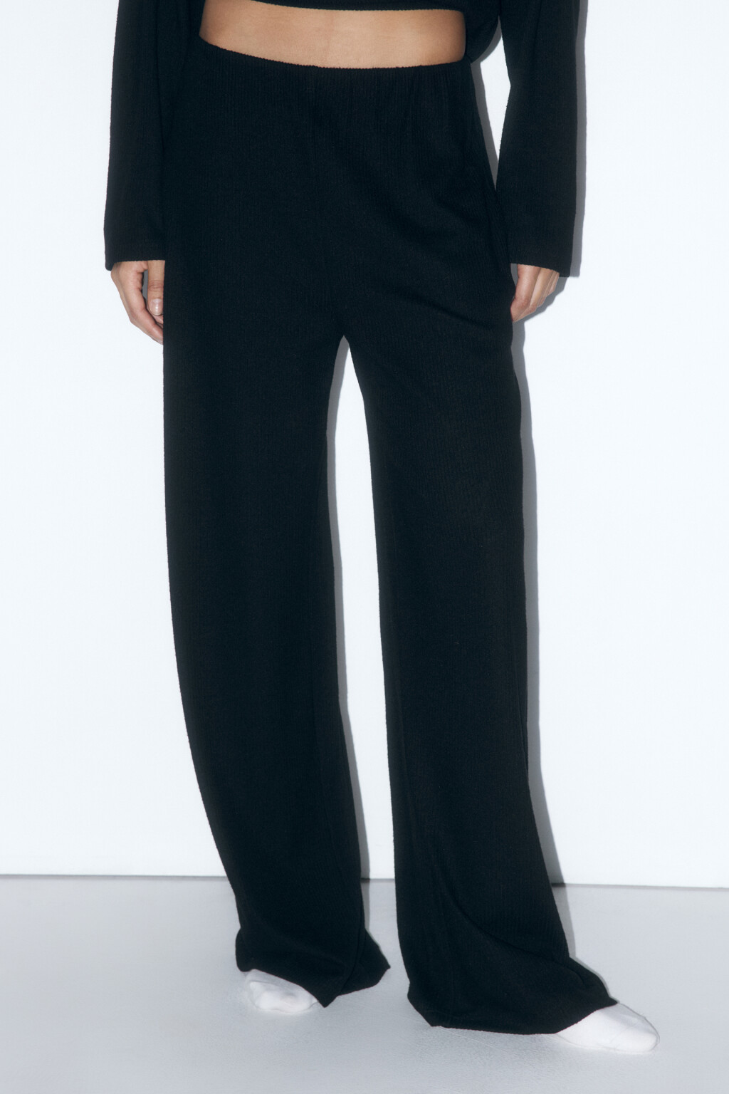 Брюки домашние прямые в рубчик - цвет черный - 2