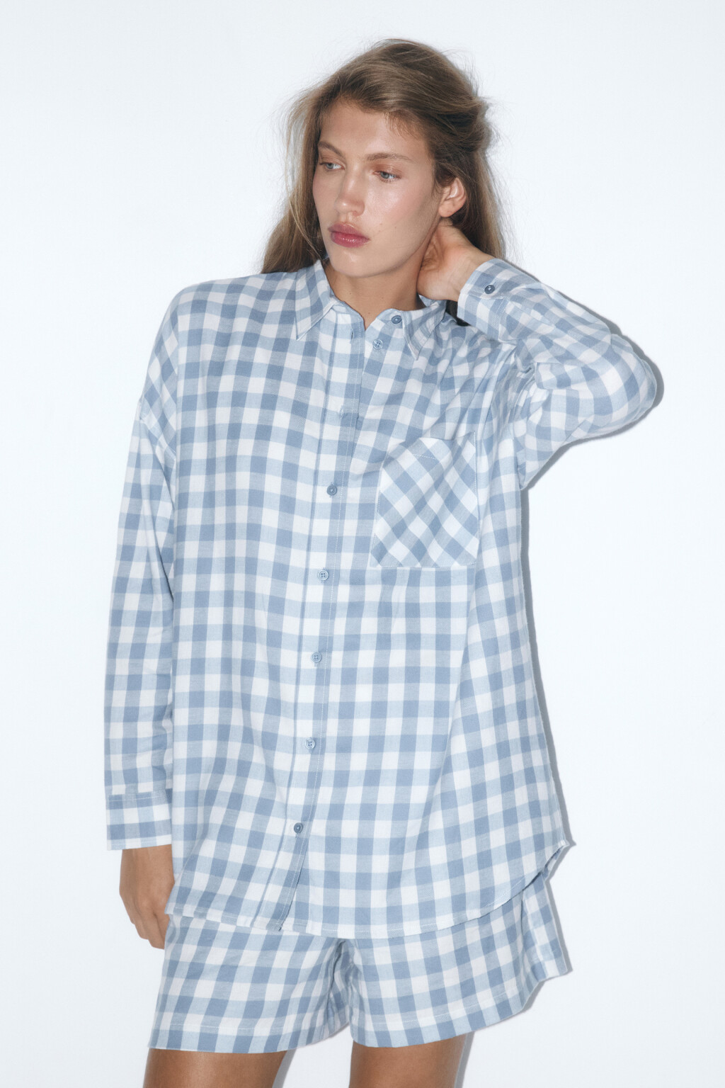 Рубашка домашняя хлопковая в клетку - цвет голубой - 2