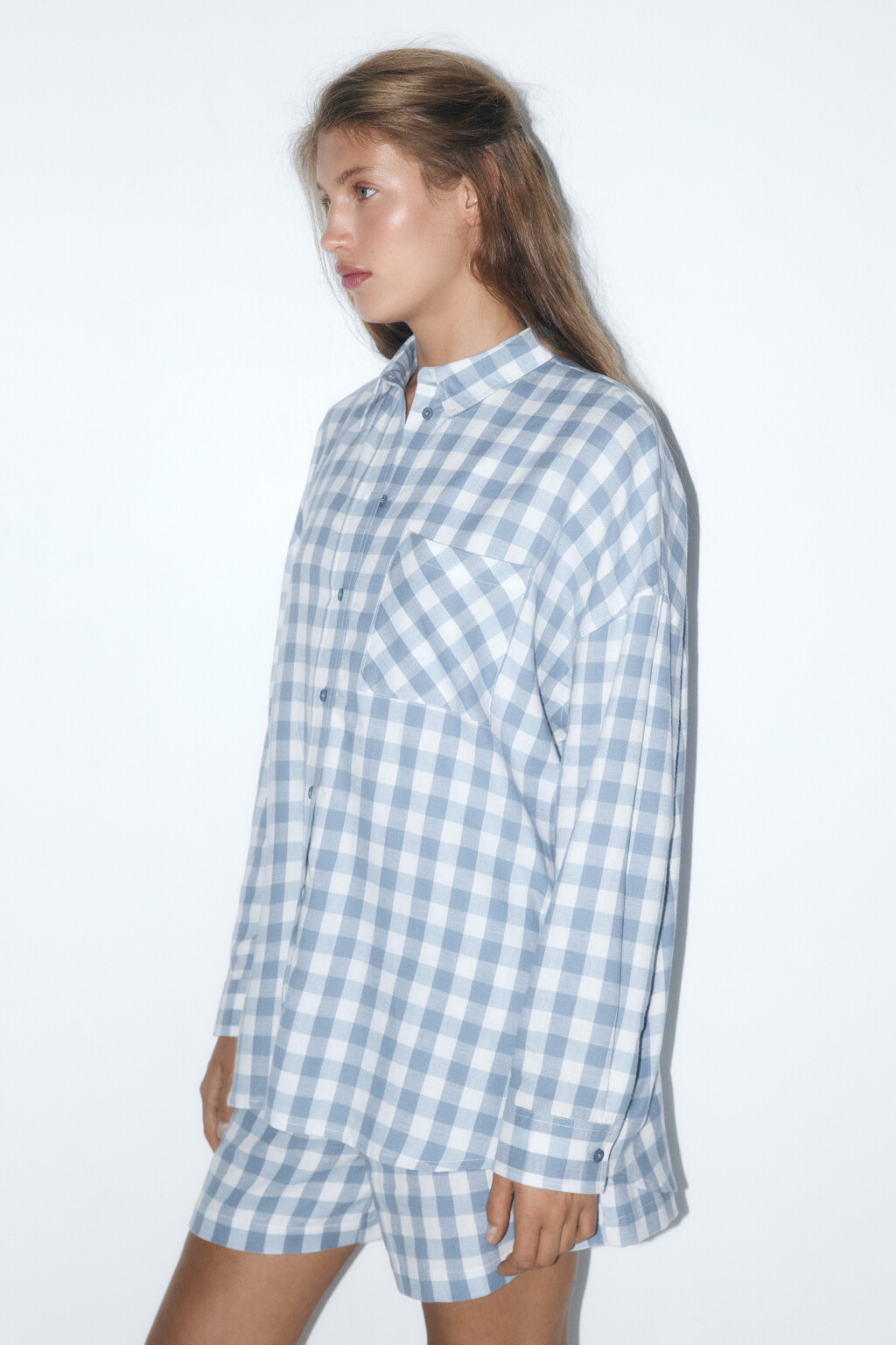 Рубашка домашняя хлопковая в клетку - цвет голубой - 3