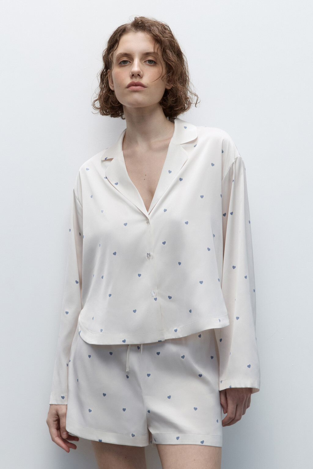 Блузка домашняя атласная с принтом - цвет голубой - 2