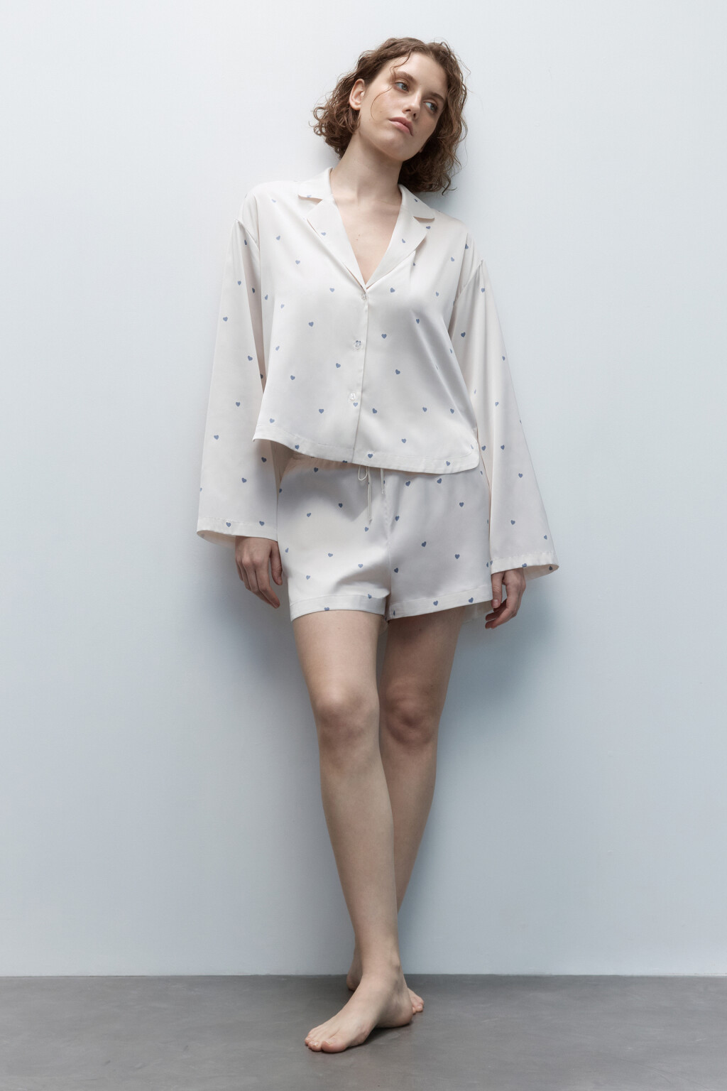 Блузка домашняя атласная с принтом - цвет голубой - 5