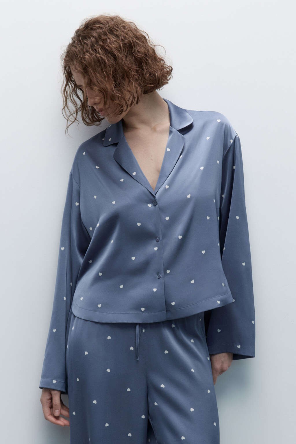 Блузка домашняя атласная с принтом - цвет бежевый - 2