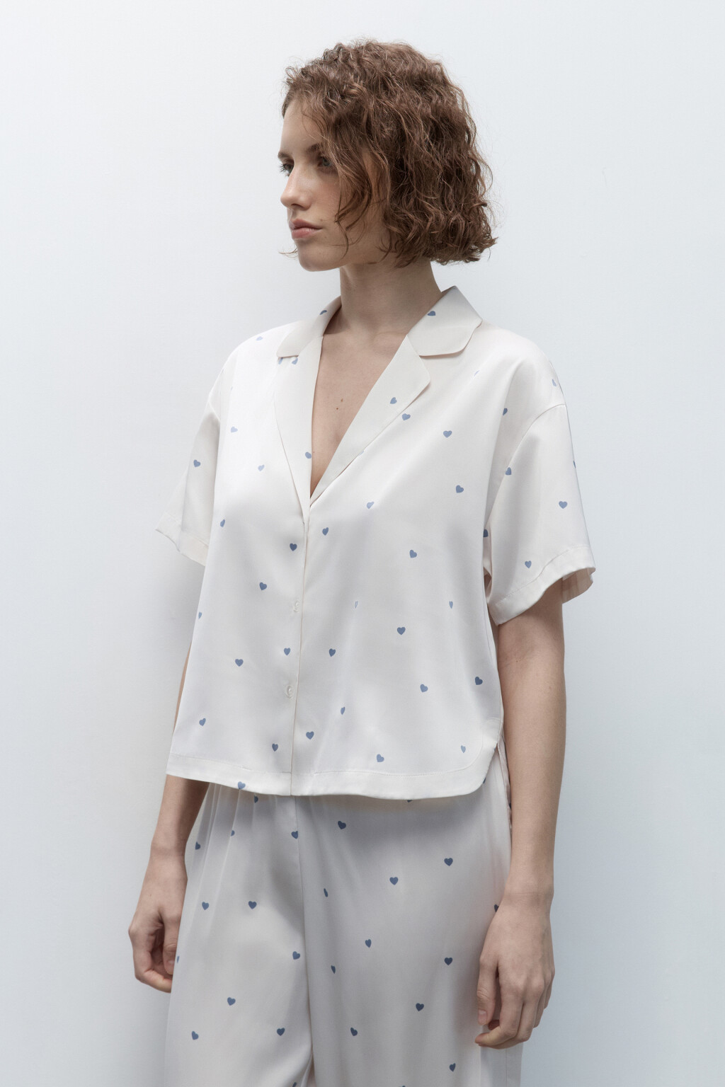 Блузка домашняя атласная с принтом - цвет голубой - 3