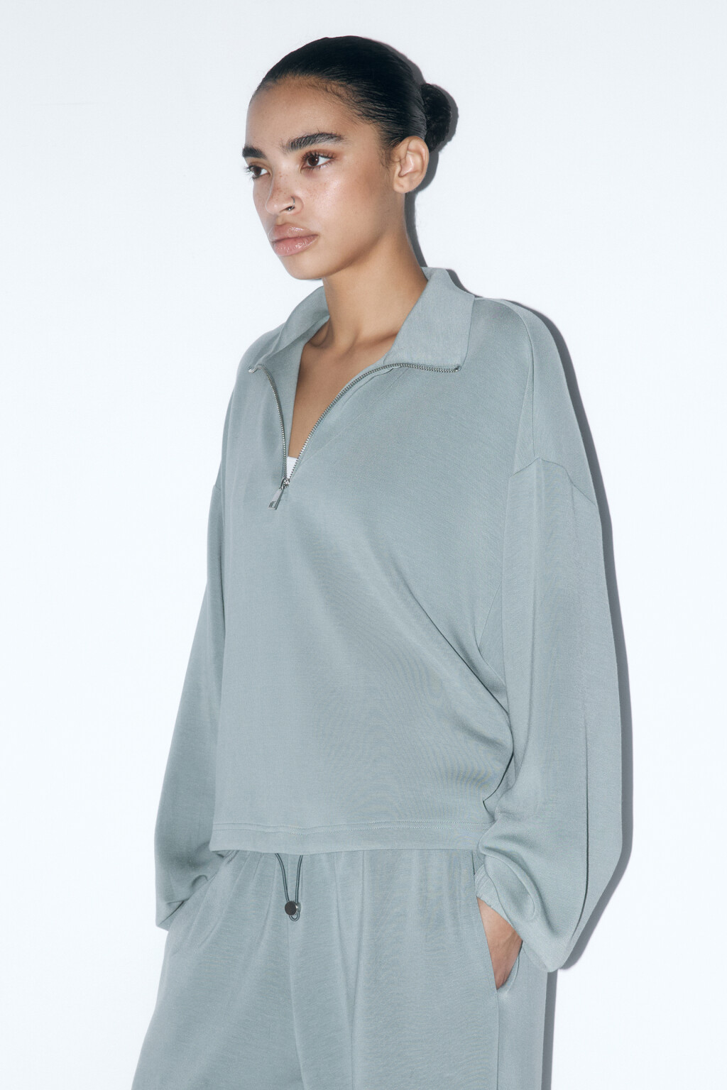 Толстовка домашняя с воротником-стойкой на молнии - цвет зеленый - 3