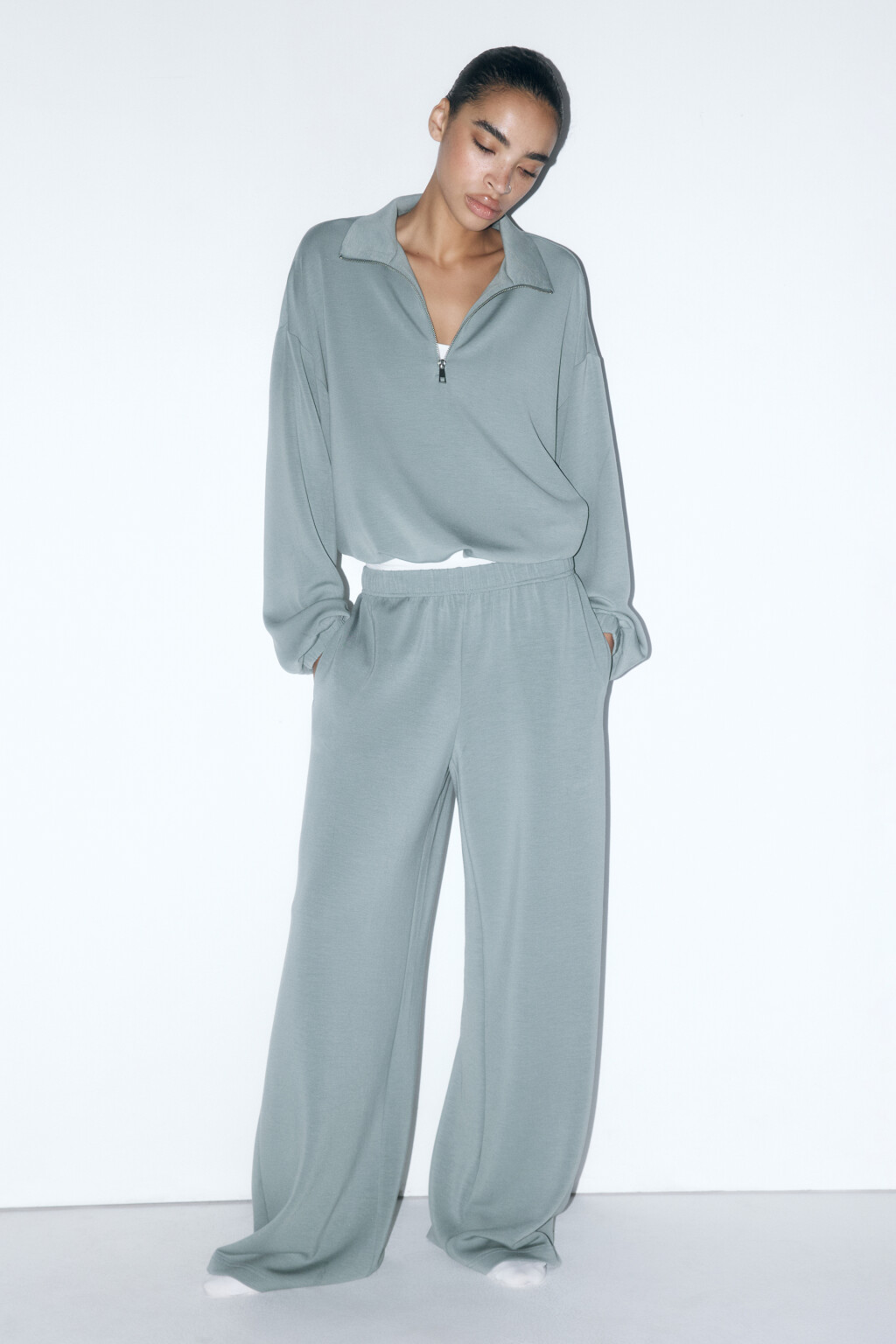 Толстовка домашняя с воротником-стойкой на молнии - цвет зеленый - 5