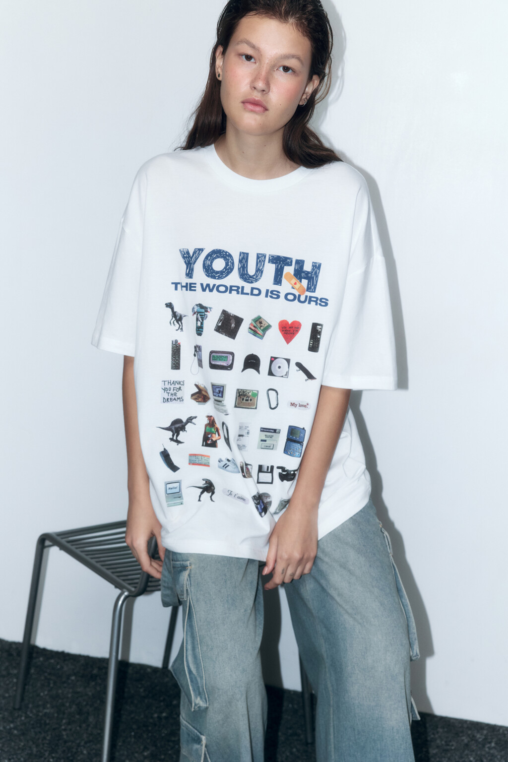 Футболка oversize с принтом и надписями - цвет белый - 1