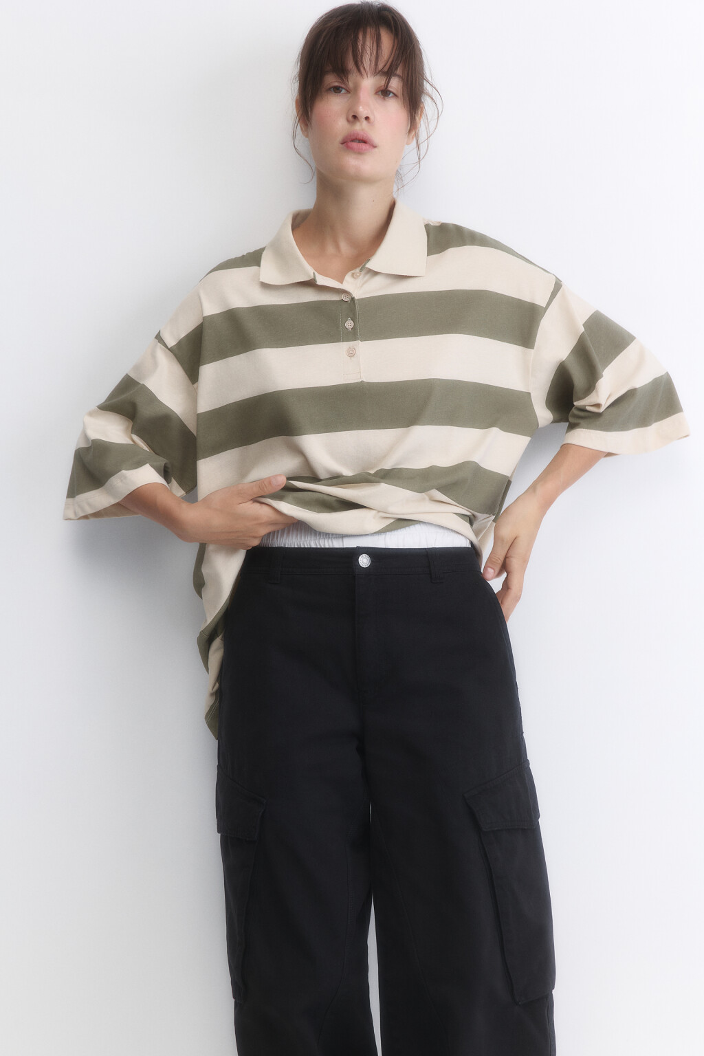 Футболка-поло oversize в полоску - цвет зеленый - 1