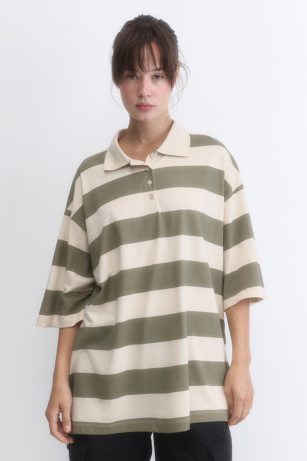 Футболка-поло oversize в полоску - цвет зеленый - 2