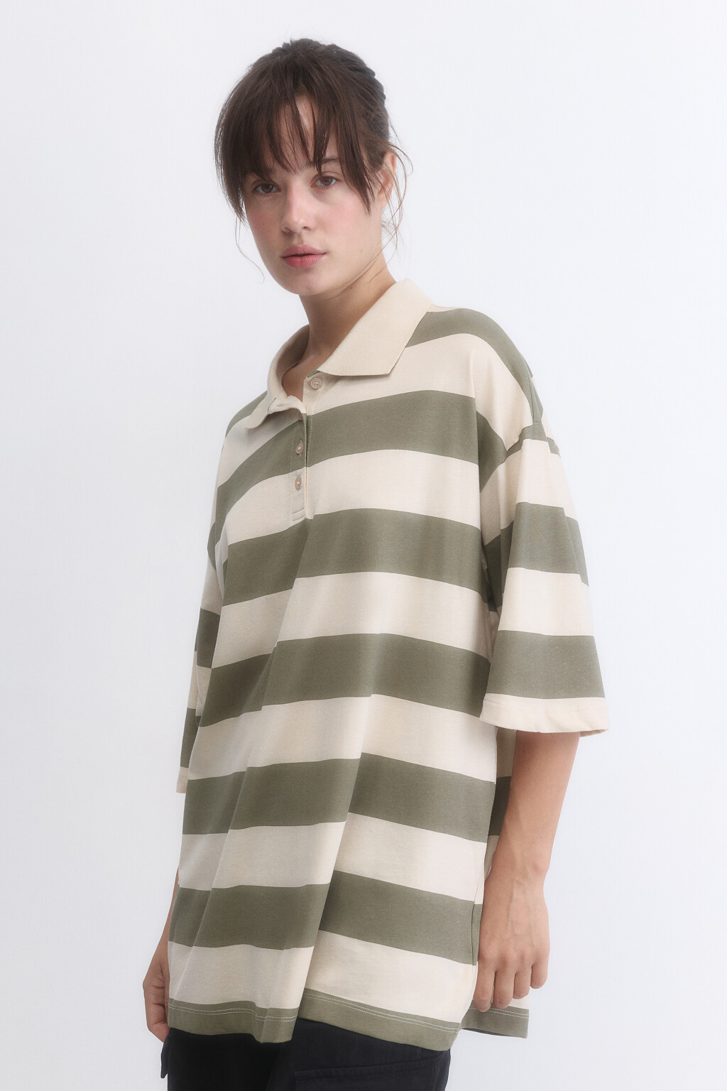 Футболка-поло oversize в полоску - цвет зеленый - 3