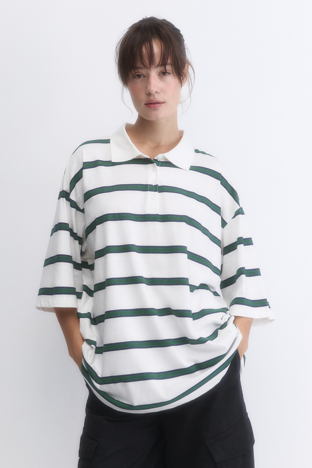 Футболка-поло oversize в полоску - цвет белый - 2