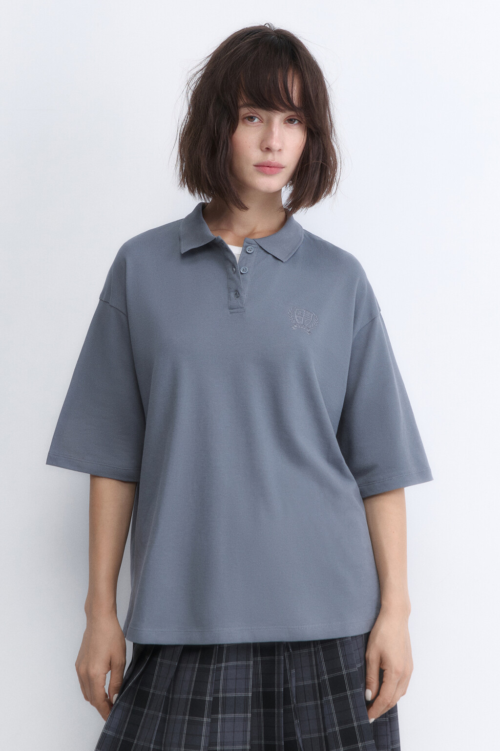 Футболка-поло oversize с вышивкой - цвет серый - 2