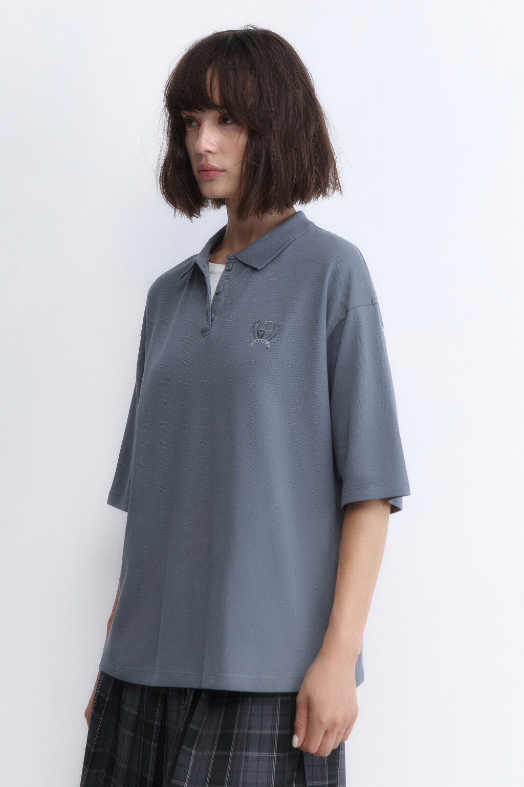Футболка-поло oversize с вышивкой - цвет серый - 3