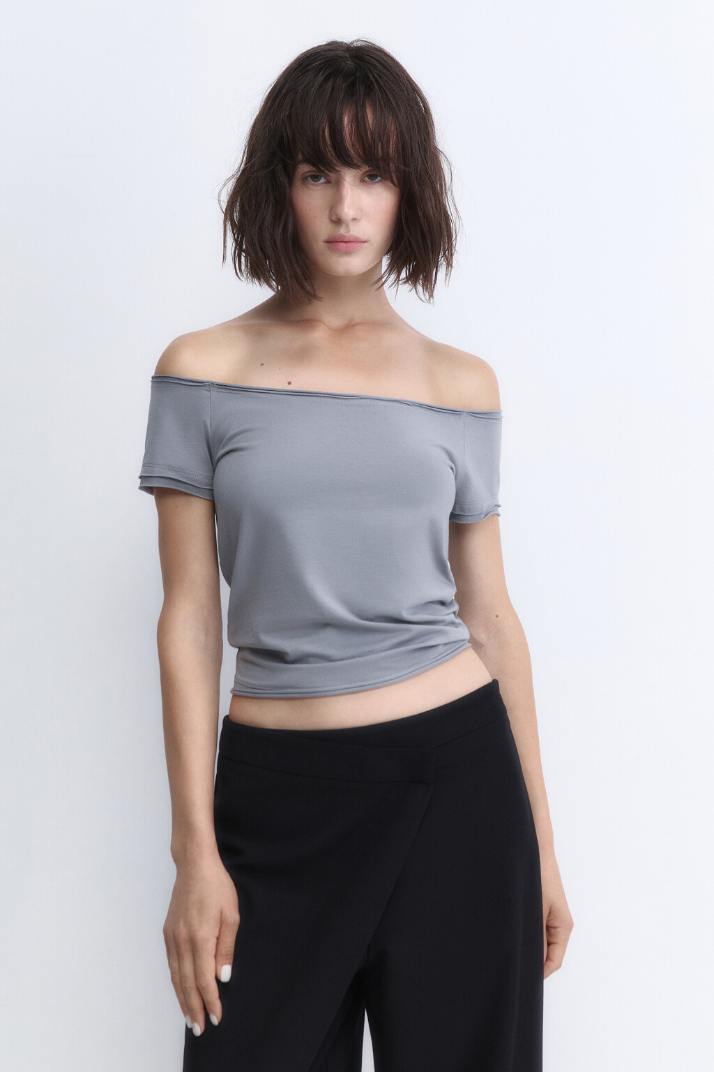 Футболка off-shoulders с имитацией второго слоя - цвет серый - 3