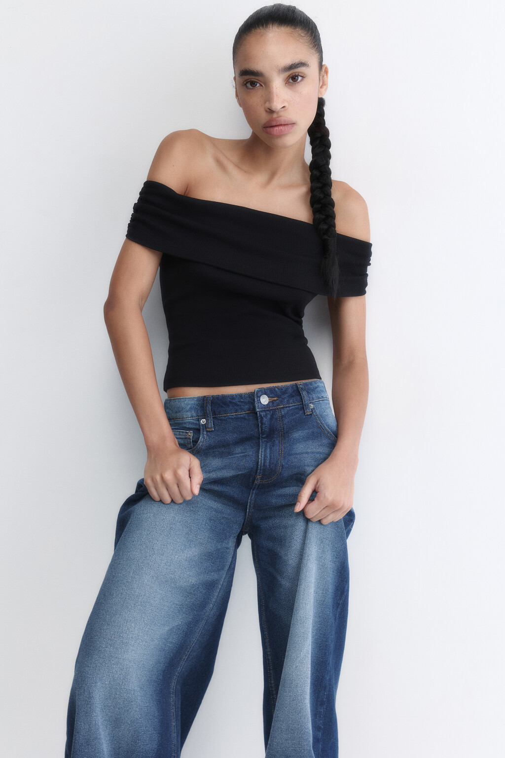 Топ off-shoulders облегающий в рубчик - цвет черный - 1