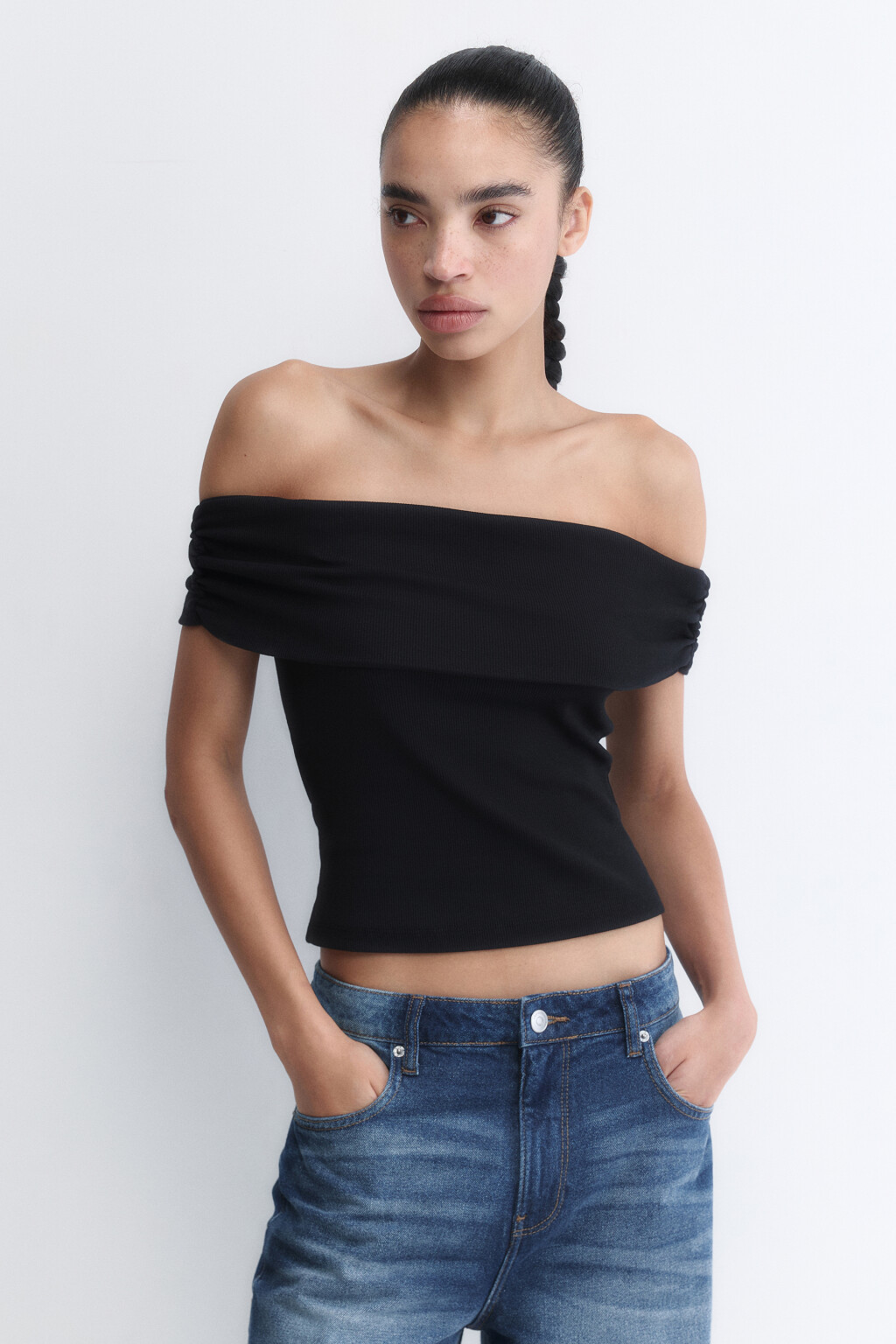 Топ off-shoulders облегающий в рубчик - цвет черный - 2