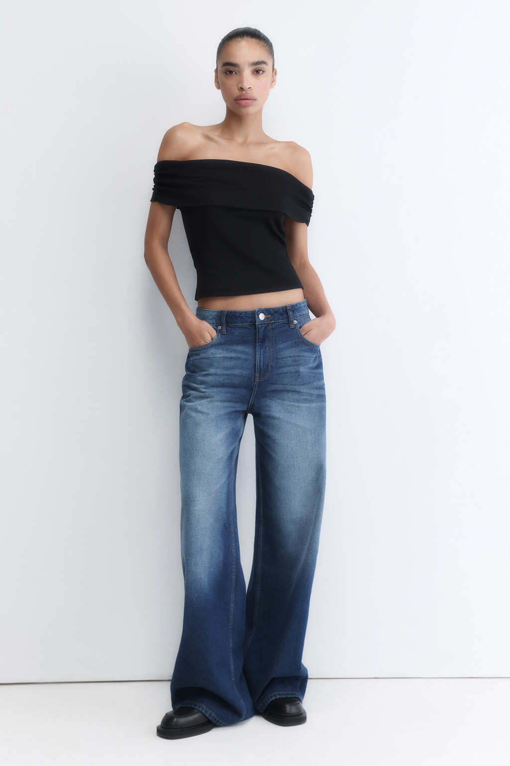 Топ off-shoulders облегающий в рубчик - цвет черный - 5