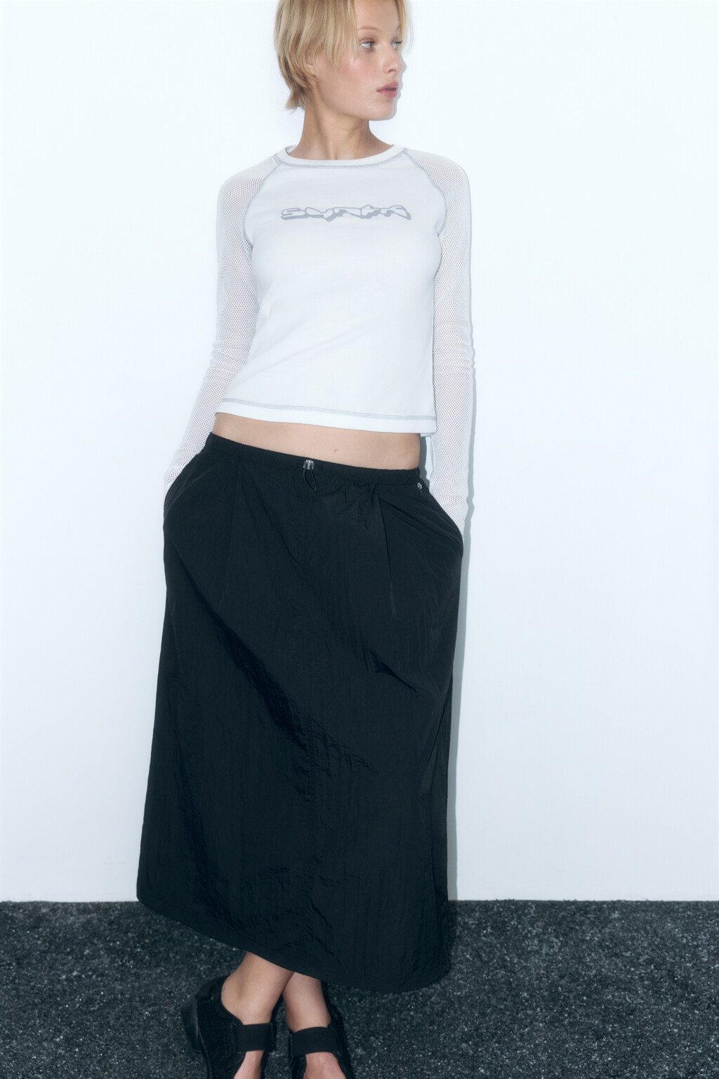 Лонгслив облегающий с сетчатыми рукавами-реглан - цвет белый - 2