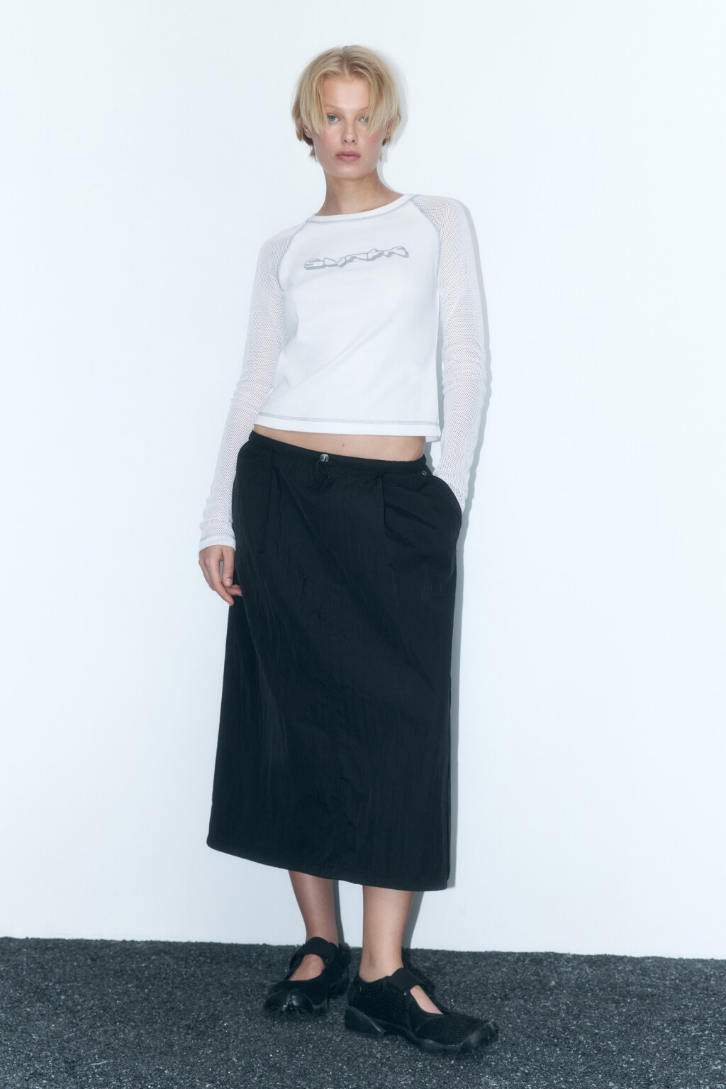 Лонгслив облегающий с сетчатыми рукавами-реглан - цвет белый - 6