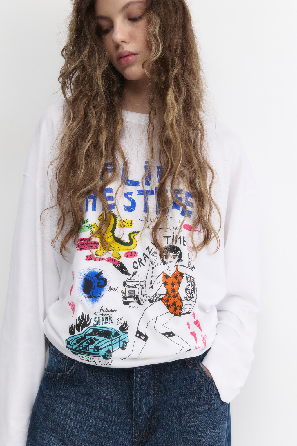 Лонгслив oversize хлопковый с принтом - цвет белый - 2