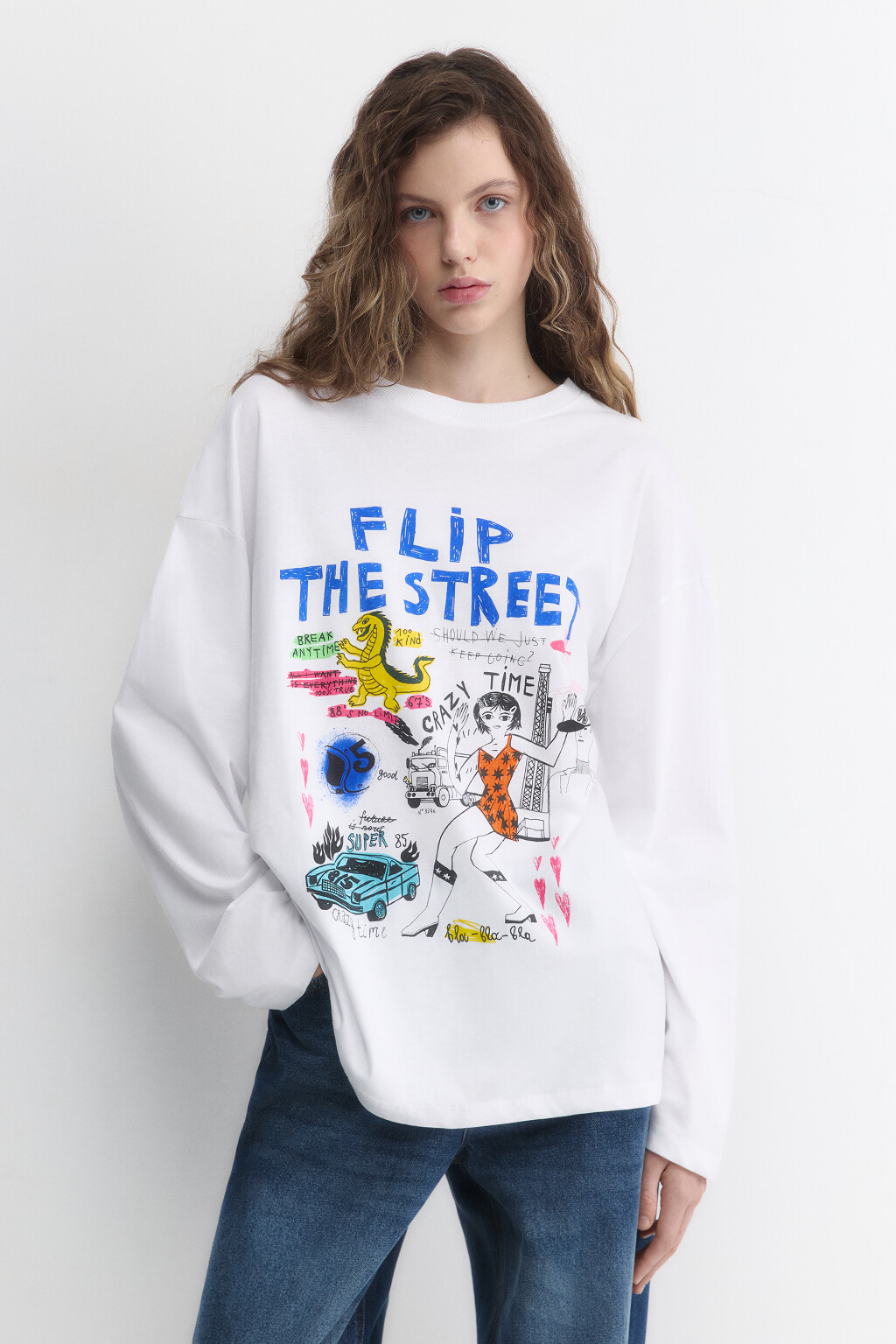 Лонгслив oversize хлопковый с принтом - цвет белый - 3